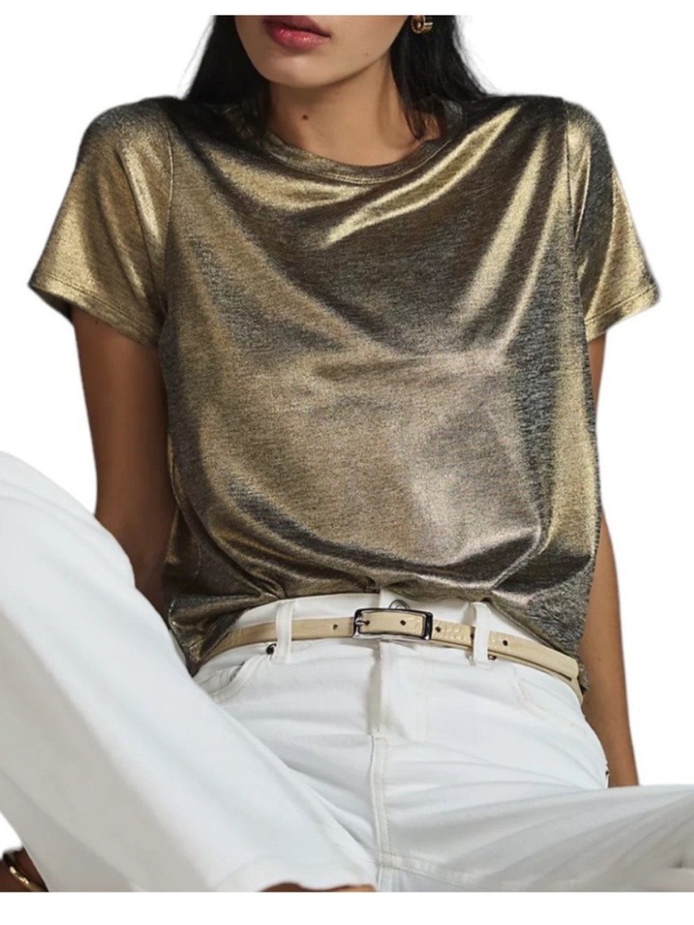 NWT ANTHROPOLOGIE Porridge Shine Glam Gold Tee Size XS - Picture 2 of 5